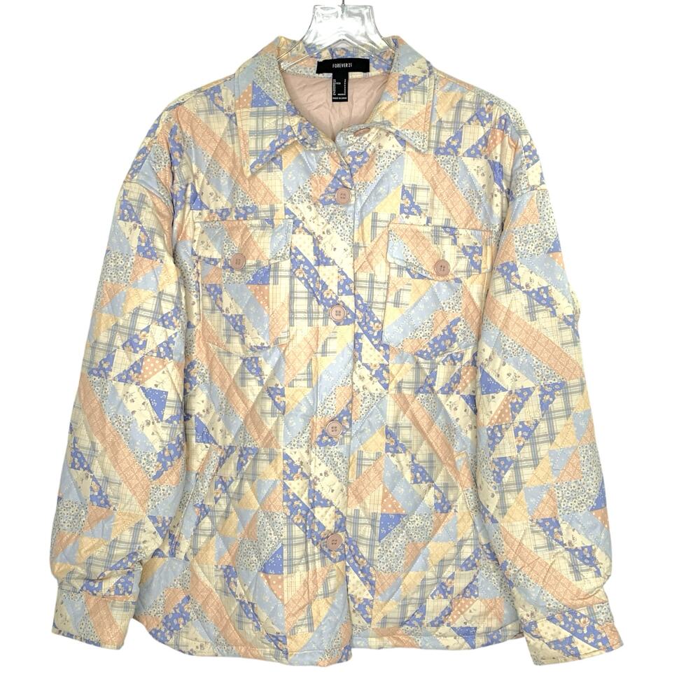 Forever 21 S Quilted Pattern Block Shacket Jacket Peach Blue Artsy Indie Grandma